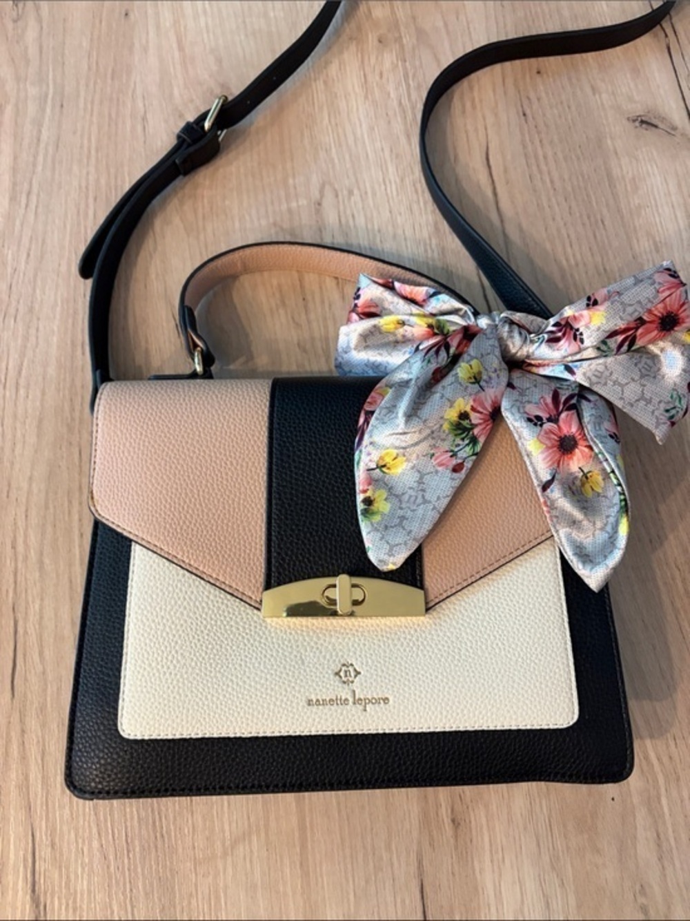 Nanette Lepore Colorblock Crossbody Bag Floral Scarf Accent Purse